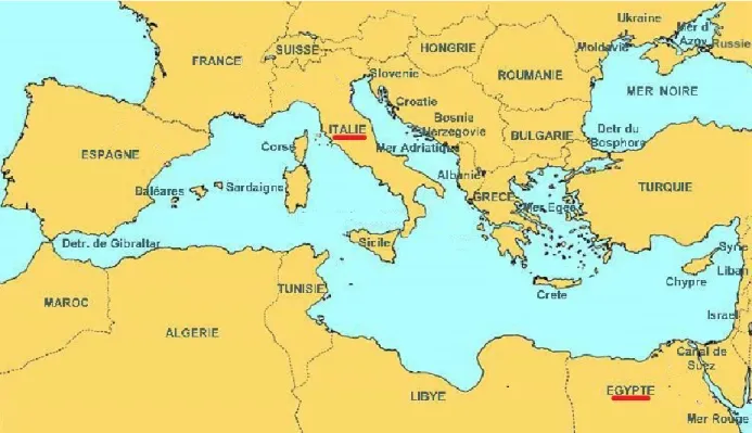 Figure 1 - Carte, proximité géographique entre l'Égypte et l'Italie 