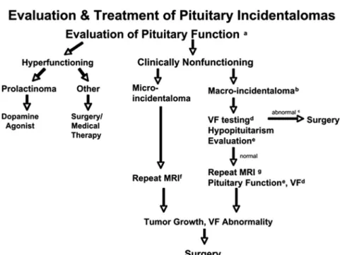 FIG. 1. Flow diagram for the evaluation and treatment of pituitary incidentalomas. a, Baseline evaluation in all patients should include a history and physical exam evaluating for signs and symptoms of hyperfunction and hypopituitarism and a laboratory eva