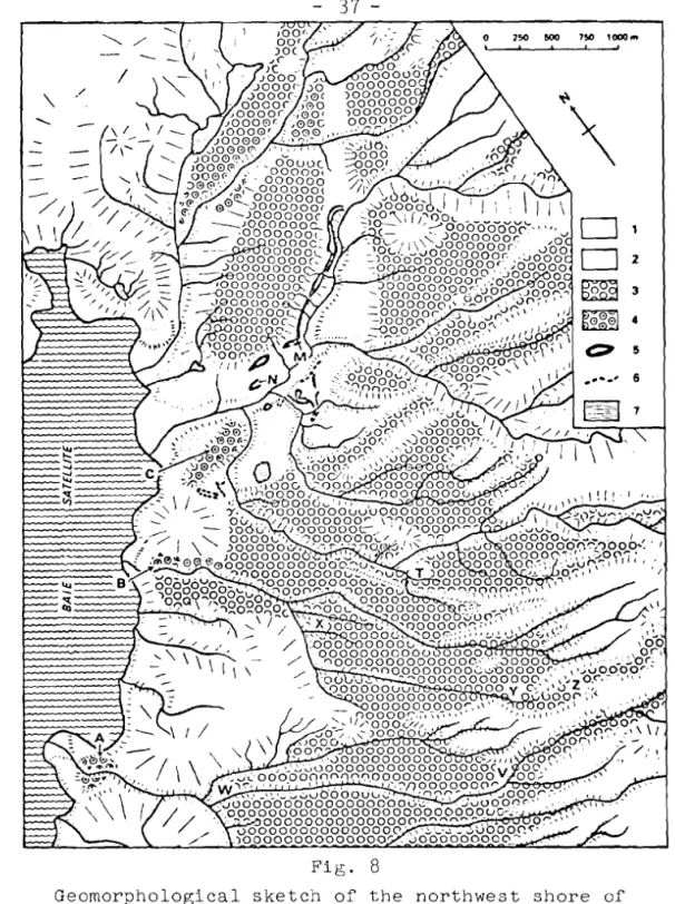 Fig.  8  G e o m o r p h o l o g i c a l   s k e t c h   o f   t h e   n o r t h w e s t   s h o r e   o f   S a t e l l i t e   B a y ,   w h e r e   t h e   p i n g o s   s t u d i e d   a r e   l o c a t e d 