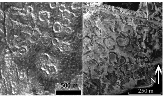 Fig. 7.  On  the left, these annular ridges on  Mars (modified from  fig. 5c of de Pablo and Komatsu (2009)  closely  resemble  the  remnants  of  lithalsas  in  the  Hautes-Fagnes,  Belgium  shown  on  the  right  (Pissart  2000, 2003)
