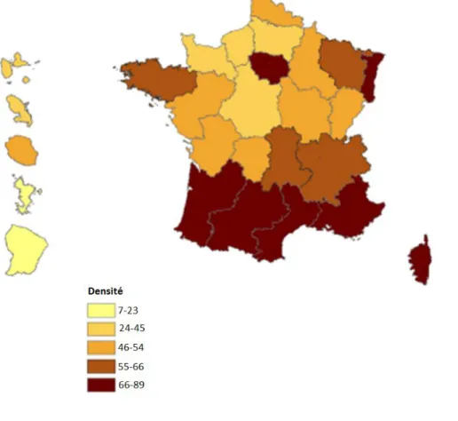 Figure 1.3 : Densité de chirurgiens-dentistes pour 100 000 habitants par région au 1 er  janvier 2013 