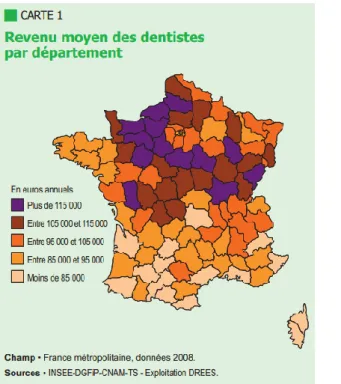 Figure 1.17 : Revenu moyen des chirurgiens-dentistes par département ; parallèle avec la densité de  chirurgiens-dentistes par département