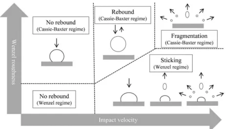 FIGURE  1:  Drop  impact  phase  diagram  on  horizontal  superhydrophobic  surface  for  a  water  drop  (from  Rioboo  et  al.,  2008),  depending  on  drop  velocity  and  wetting regimes