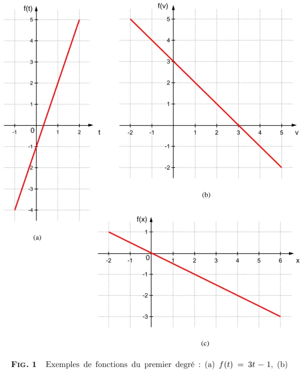 Fig. 1 Exemples de fonctions du premier degré : (a) f (t) = 3t 1, (b)