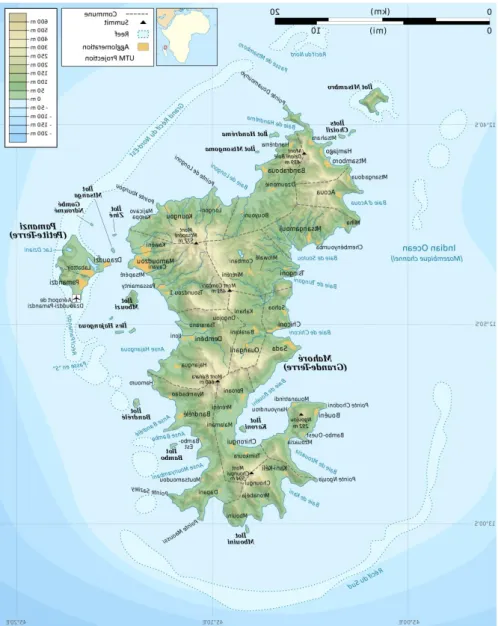 Figure 2: Map of Mayotte’s location, relief and main agglomerations. The 6 mountains com- com-posing the shape of the seahorse are Mount Bénara (660 m), Mount Choungui (594 m),  Mount Mtsapéré (572 m), Mount Combani (481 m), Mount Dziani Bolé (439 m) and t