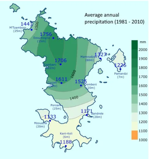 Figure 3: Average annual precipitation observed between 1981 and 2010 based on at least  16 years of data (Météo France, 2020)