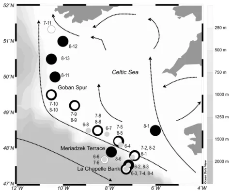 Fig. 1. Bathymetric map showing the location of the stations sampled along the continental shelf break in the Celtic Sea