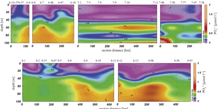 Fig. 6. Vertical sections of the concentrations of dissolved silicate (dSi) versus section distance for each campaign leg (Fig
