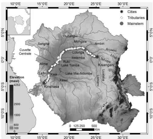 Fig. 1 Location of sampling stations dur- dur-ing two cruises (December 2013 and June 2014) in the Congo River at the scale of the whole basin overlain on elevation.