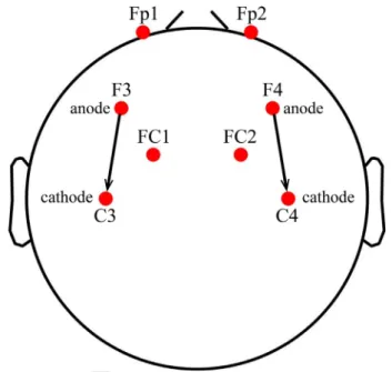 Fig. 1. The placement of the 8 electrodes used for stimulation and electroencephalography (EEG) recording