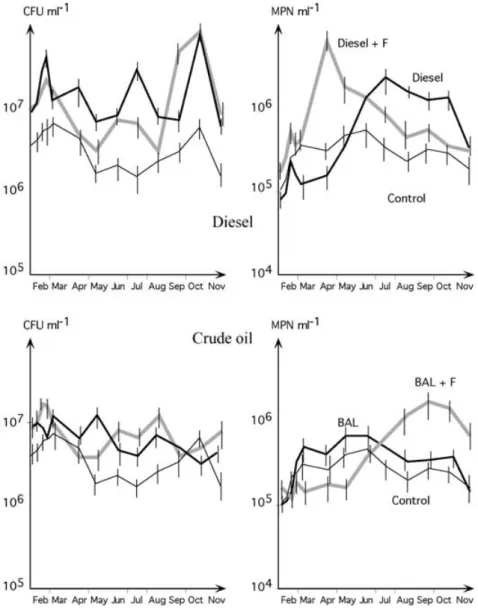 Fig. 4. Changes of saprophytic (left) and hydrocarbon-utilising (right) microbial abundance in soil 2a during the 1999 contamination experiments