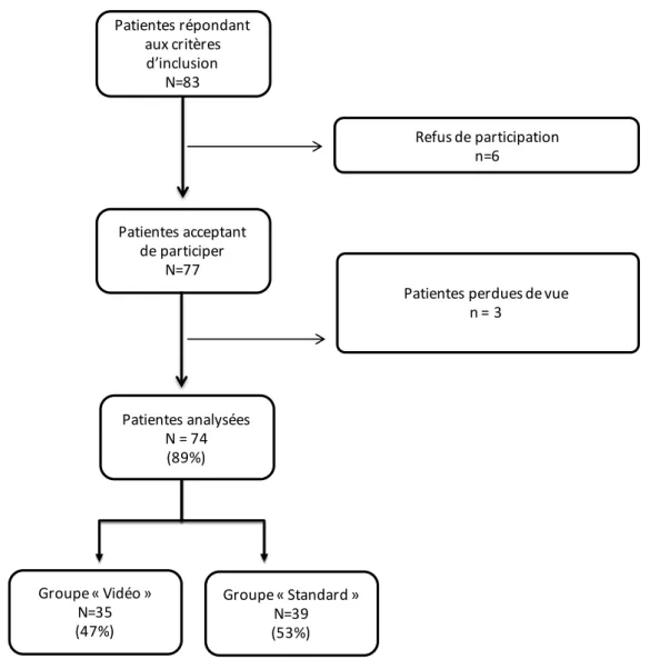 Figure 1: Flow chart de l'enquête sur l'acceptabilité, l’informativité et l'utilité  d'une vidéo  sur l’interruption volontaire de grossesse par voie médicamenteuse en ville en amont de la  consultation de prise du premier comprimé (cabinet médical ipso, m