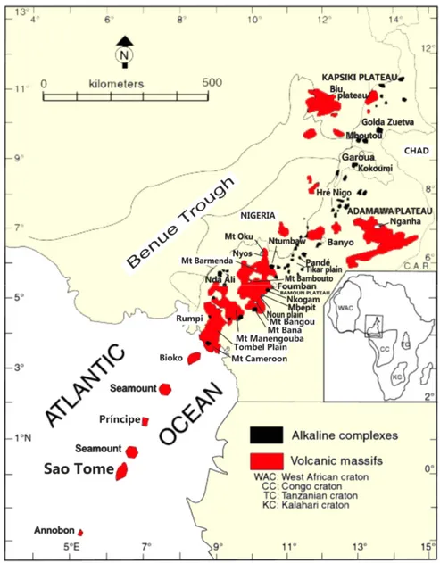 Figure 1. A map of the study area showing locations of alkaline complexes of plutonic origin (black)  and volcanic massifs (red) of the Cameroon Volcanic Line [27,28]
