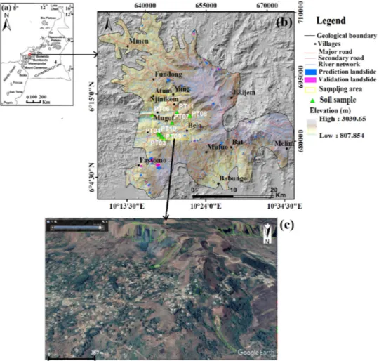 Figure 3. (a) Mount Oku location on the Cameroon Volcanic Line. The study area situated on the  central part is symbolized by the red square (modified from [42]); (b) an enlargement of this area with  the 12-m TANDEM X-derived elevation as base map, showin