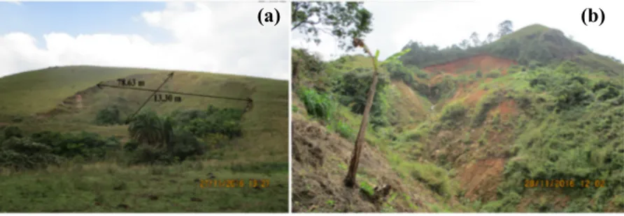 Figure 4. Deep-seated translational landslides observed at Mbingo: (a) Translational, (b) translational  failure transformed into debris flow