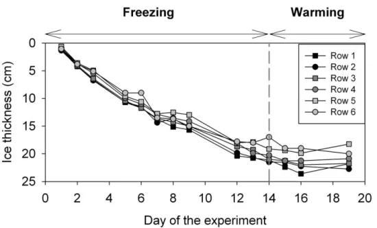 Figure  2.  Evolution  of  the  ice  thickness  during  the  experiment.  The  ice  thickness  is  given  per  row