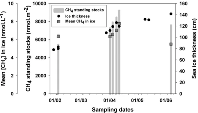 Figure 2. CH 4  standing  stocks for selected samplings events (vertical bars, from left to right, 2 