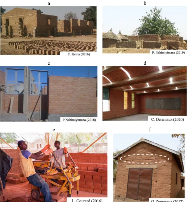 Figure 0.3. Earth in contemporary constructions, in the vicinity of Ouagadougou: low quality of adobe  (a) construction site, (b) Wemtenga village versus improved quality of CEBs (c) construction site of a  health  center  in  Ouaga2000,  (d)  inside  the 