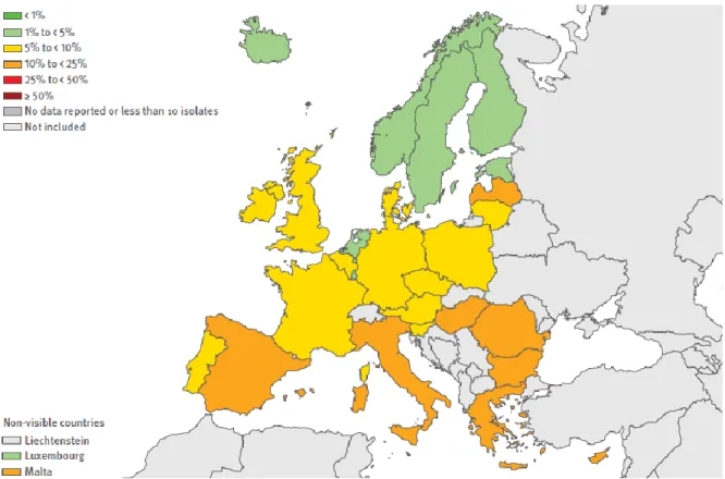 Figure 4. Pourcentage d’E.coli résistant aux C3G dans les infections invasives (bactériémies, liquide  cérébrospinal) en Europe en 2010