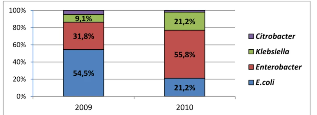 Figure 9. Proportion relative des espèces d’EP-BLSE retrouvées sur écouvillons rectaux de suivi en 2009 et 2010