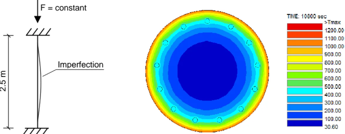 Figure 5. Column elevation and cross section with temperature distribution after 3 hours of ISO fire.