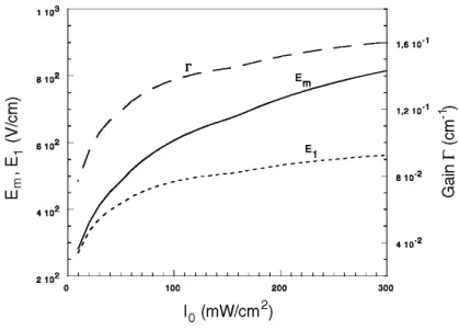 FIGURE 7 Maximum electric field E m , first Fourier component E 1  and gain Γ for system AB, as functions of  illumination intensity I 0