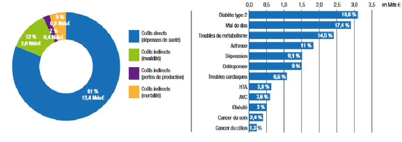 Figure 24 : Estimation du coût de la sédentarité en France par type de coût et par pathologie 