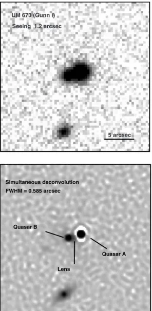 Fig. 2. Upper panel: a 25  × 25  region extracted from one of the 63 Gunn i CCD frames of UM 673