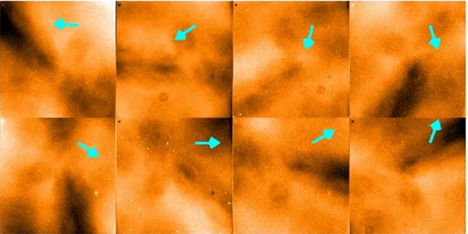 Fig. 2. A sequence of FORS1 B sky-ﬂats, divided by the mean of the ﬂats. The rotator adapter angles ( − 105 ◦ , − 73 ◦ , − 35 ◦ , 0 ◦ , +30 ◦ , and +70 ◦ ) are indicated by arrows in the upper right corner