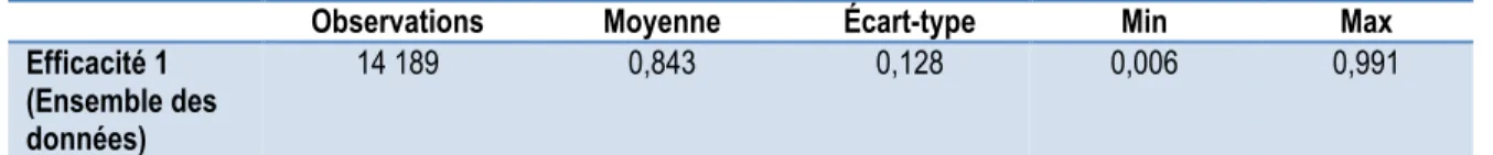 Tableau 6 : Statistiques sur les scores d’efficience obtenus par la frontière classique 