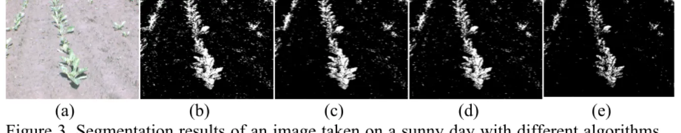 Figure 3. Segmentation results of an image taken on a sunny day with different algorithms  [(a) original image, (b) result with ExG, (c) result with ExGExR, (d) result with CIVE, (e)  result with the proposed algorithm]