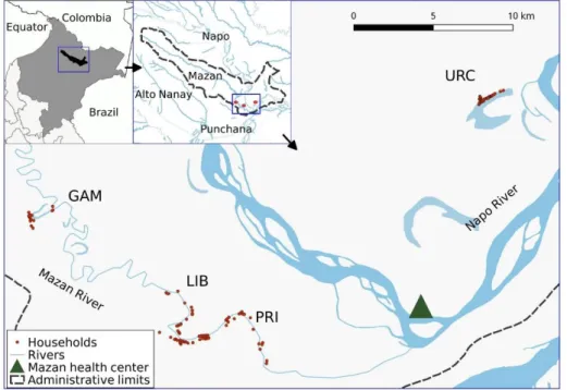 Figure  1.  Study  communities  in  Mazan,  Loreto,  Peru.  Gamitanacocha  (GAM),  Primero  de  Enero  (PRI), Libertad (LIB) and Urco Miraño (URC)