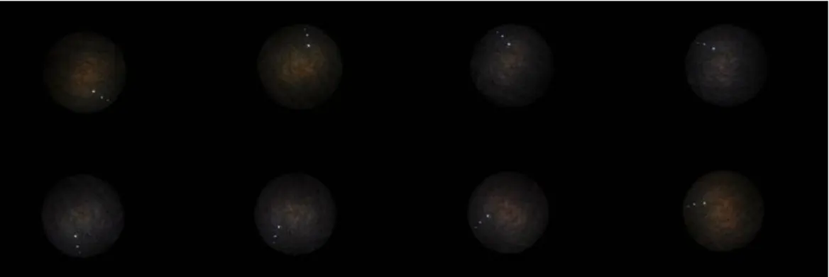 Figure 3: Photos prises pour déterminer les coordonnées du centre optique. Un film plas- plas-tique noir percé de trois trous est photographié plusieurs fois après l’avoir fait pivoté autour de l’objectif.