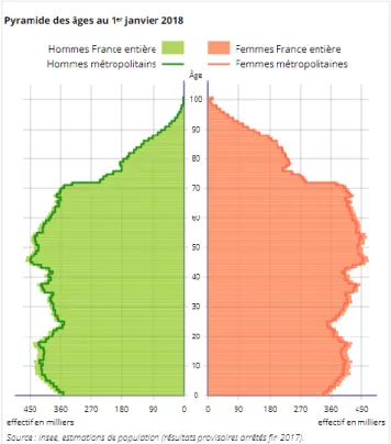Figure 1 : Pyramide des âges au 1 er  janvier 2018 en France (Source : Insee) 