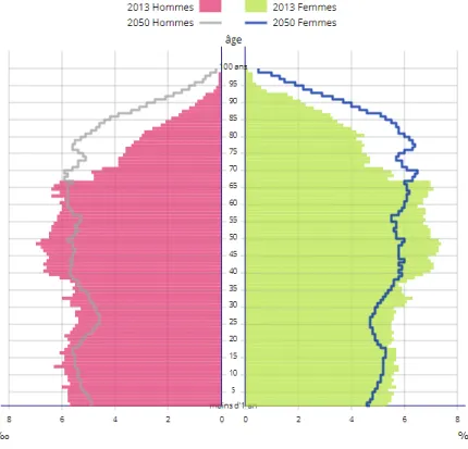 Figure 3 : Evolution de la pyramide des âges entre 2013 et 2050 en région PACA (Source :  Insee) 