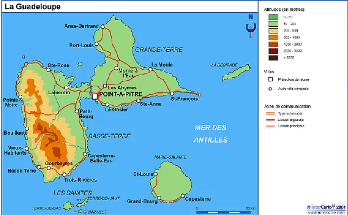 Figure 16 : Cartographie de la pluviométrie moyenne annuelle de la Guadeloupe (Google map) 