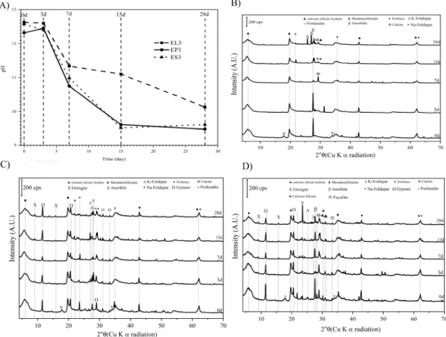 Figure 4. Evolution of pH of EL3, EP3 and ES3 mixtures (A); XRD spectra of EL3 (B), EP3 (C) and ES3  (D)