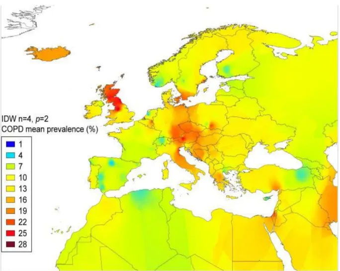 Figure 5. Estimation de la prévalence moyenne de la BPCO en Europe par méthode  IDW (8)