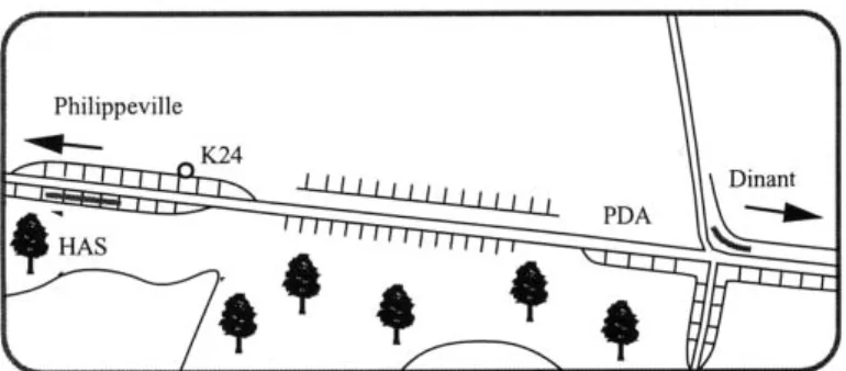 fig. 7 : localisation d’affleurements représentatifs des Formations d’Has- d’Has-tière (HAS) et de Pont d’Arcole (PDA) dans le synclinal de  Flo-rennes-Anthée à 1,25 km au sud de Flavion.