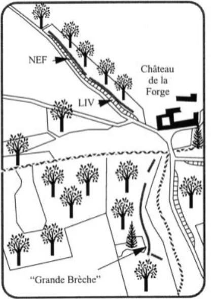 fig. 9 : localisation d'affleure- d'affleure-ments représentatifs des Formations de Neffe (NEF), de Lives (LIV) et de la Grande Brèche à l'E du  syncli-nal de  Florennes-Anthée, près de Anthée.