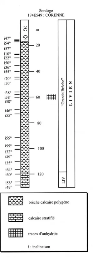fig. 10 : colonne lithologique schématique du sondage carotté de Corenne (localisé au lieu-dit &#34;Fond des Vaux&#34;, au SSE de Corenne), effectué pour la SNDE en 1978
