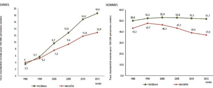 Figure 2-1-1: Figure représentant l'évolution de l'incidence et de la mortalité par CBP selon le sexe de  1980 à 2012  (9) .