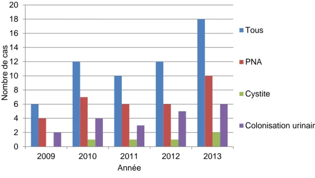 Figure 7 : Evolution du nombre de PNA et de cystites à E. coli BLSE de 2009 à 2013. 