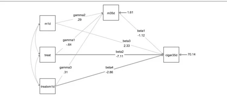 FIGURE 3 | Statistical model of the moderate mediation analysis of a randomized intervention (treatment vs