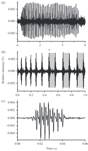 Fig. 1. Waveforms of two Ophidion rochei calls recorded in July 2010 in Du´ce-Glava (Croatia)