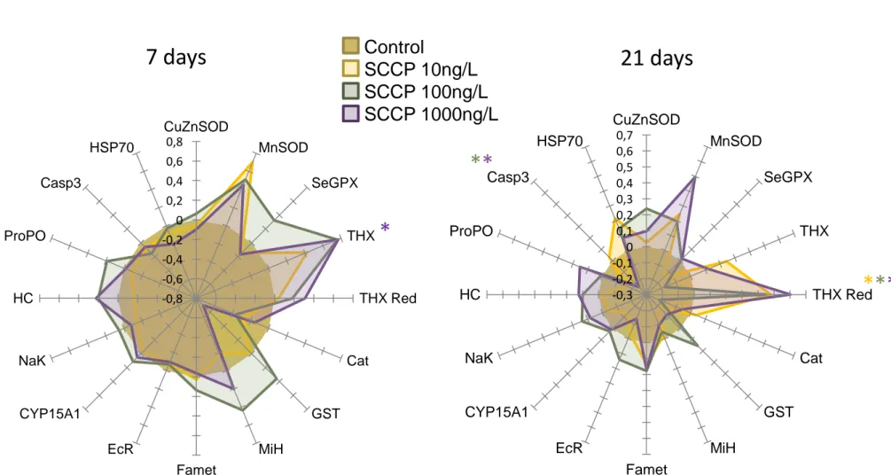 Fig. 4: log2 fold-change values for gene expressions after SCCP exposure at 20°C. Genes marked  with (*) displayed a significant (p&lt;0.05) difference with controls, colour coded to the corresponding 