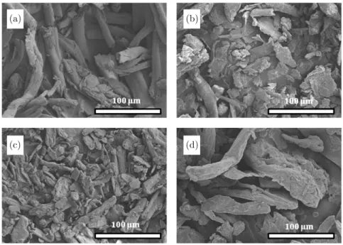 Fig. 1. SEM micrographs of the MCCs: (a) MCC1, (b) MCC2, (c) MCC3 and (d) MCC4.