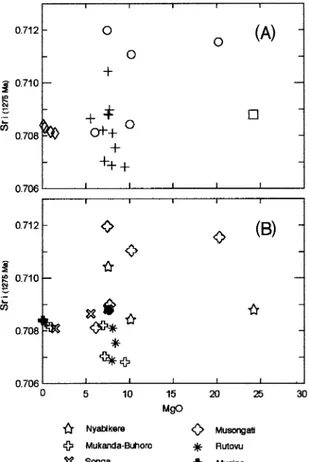 Fig. 8. Sr isotope initial ratio vs. MgO (%) whole-rock content.