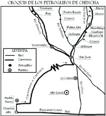 Fig.  1.  Schematic  map  of  Chincha  Alta.  Sites  are  identified  by  their  village structures (ݪ) or their petroglyphs (Ɣ)