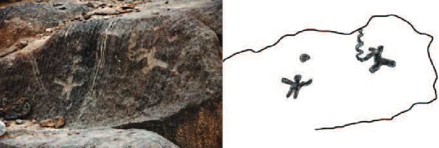 Fig. 3. Photo and drawing of an engraved rock. Two personages are separated by a whiteish quartzitic band